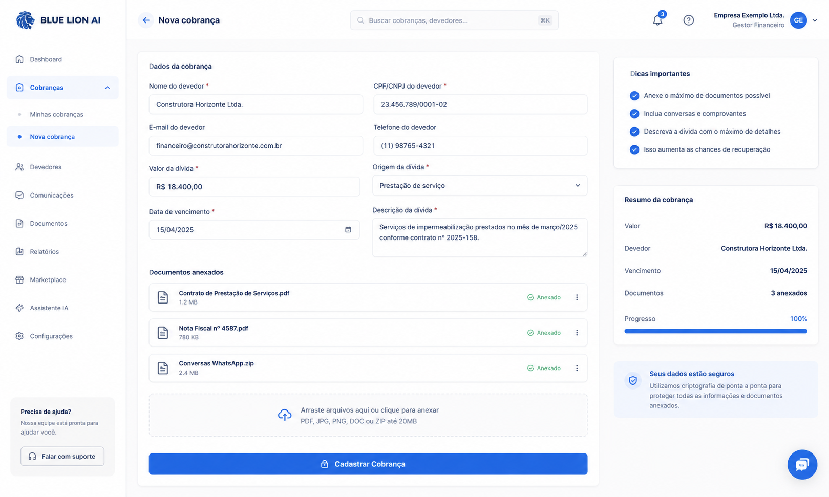 Tela de cadastro de nova cobrança na Blue Lion AI